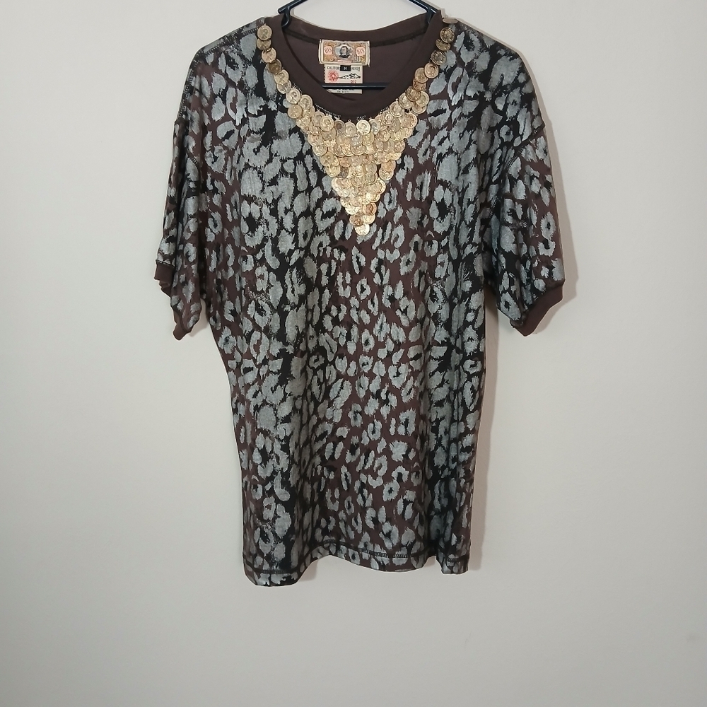 Gene Ewing Bis Blouse Top Wrinkle Rich Animal Print Oversized Women's Medium